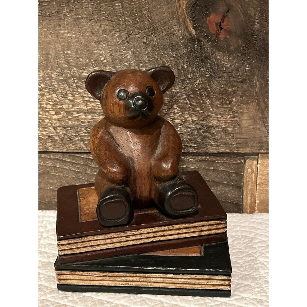 Vintage Carved Wood Teddy Brown Bear Figurine on Books Nursery Paperweight